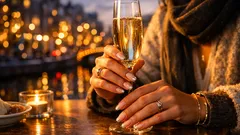 Moderne French manicure voor de feestdagen: nude basis met glanzende tips